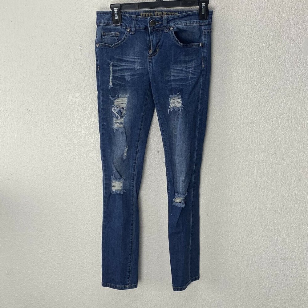 V.I.P. Distressed Womens pants Blue Jeans Denim Size 3/4 28x29 Stretch